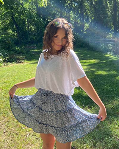 Alelly H003BLUE-S Women'S Summer Cute High Waist Ruffle Skirt Floral Print Swing Beach Mini Skirt Blue thumb #5