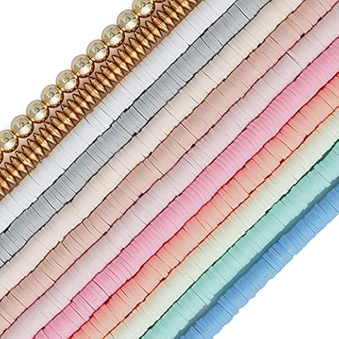 BOCAR 6mm 10 Strands Clay Beads Kit Vinyl Flat Handmade Polymer Clay Beads with 2 Strands Alloy Beads Spacer for Jewelry Making Necklace Bracelet Earring Cover