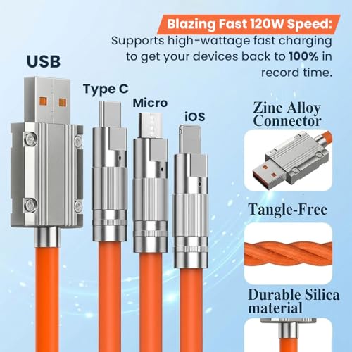 Image of Treziya 3 in 1 Fast Charging Cable 6A, Supports Fast Charging with Original Adapter, Type C, Lightning & Micro USB Multi Connector Cable
