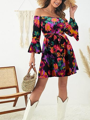 Image of Off Shoulder Ruffle Dress for Women, A-Line Mini Dress with Belt, Fitted Bust Summer Wedding Guest Dress