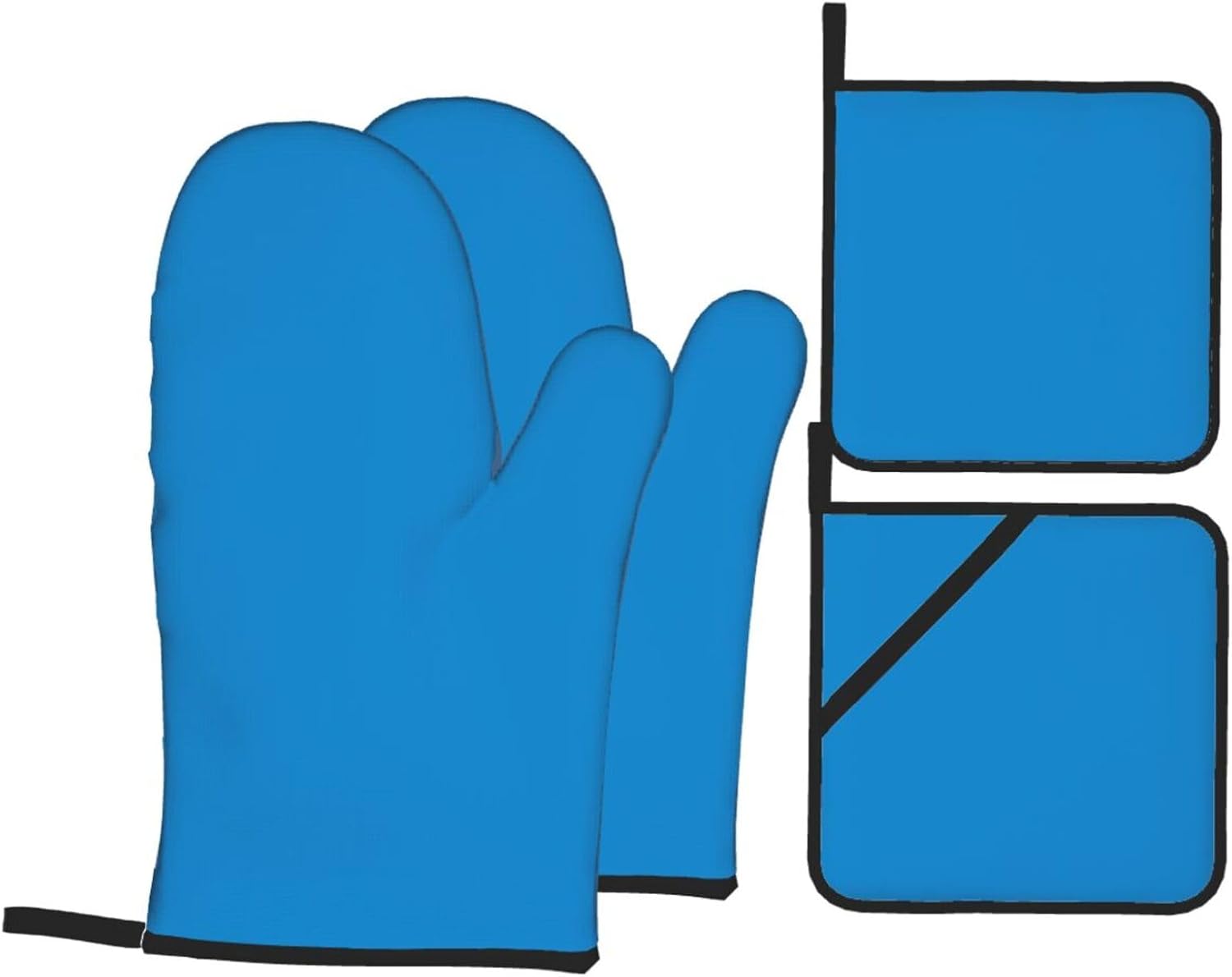 Solid color blue Oven gloves and heat-resistant mat 4-piece set. Suitable for grilling, microwave oven frying, and baking