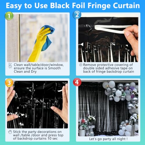 Image of Black Foil Fringe Curtain Party Streamers 2Pack 3.3x8.3 Ft, Black Tinsel Foil Curtain Backdrop Photo Booth Props for Birthday Wedding Bridal Baby Shower Halloween Party Decorations Door Streamers