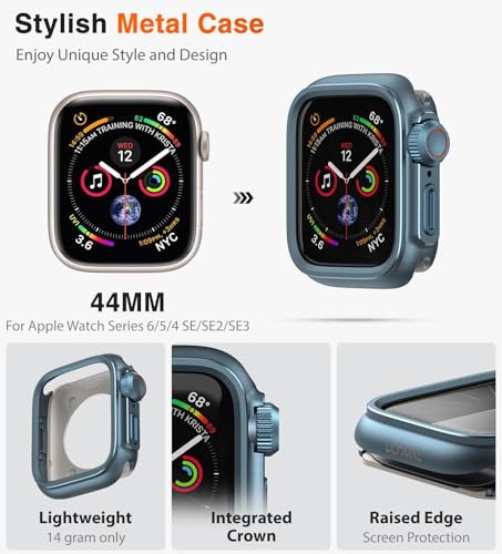 Image of ULTIMAL Metal Case Compatible with Apple Watch Series SE3 /SE2 /SE /6 /5 /4 44mm with Back Cover, Military Grade Shockproof Protective Case, Rugged Cover for iWatch 44mm (Blue)