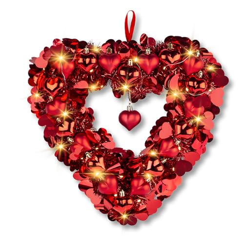 Valentines Day Wreaths for Front Door,14-Inch Valentine's Day Wreath with Lights,Heart Design with Heart-Shaped Ornaments – Perfect for Front Door, Wedfding, and Anniversary Decor
