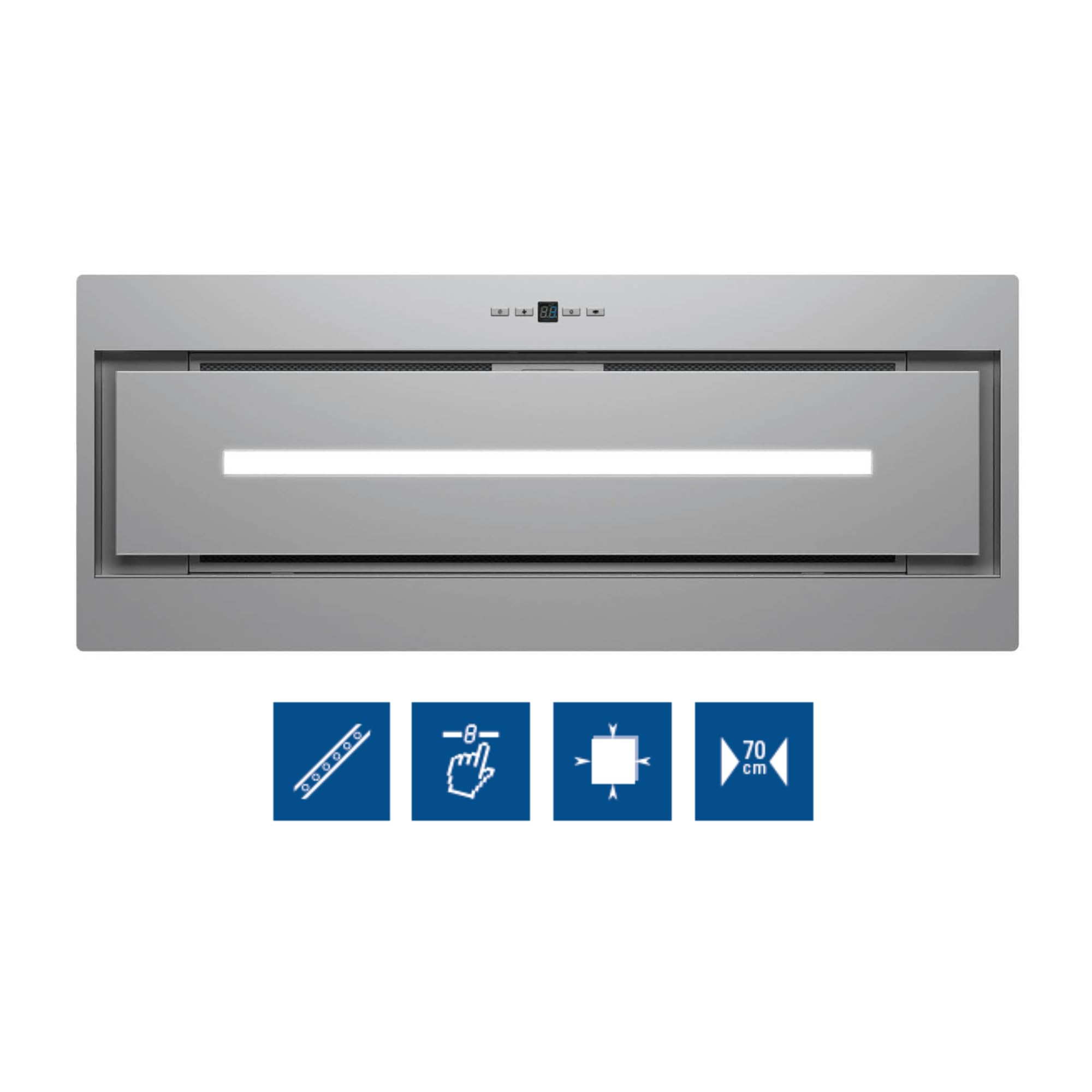 Cata Campana Extractora GPL 75 X Panel de Control Electrónico Display Digital 3 Niveles de Extracción Sistema Fácil Instalación Motor Extra Silencioso Potencia 189,5 W Ancho 70 cm Color Inox