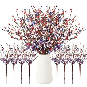 Lyrow 8 Pcs 4th of July Patriotic Artificial Berry Stem Picks Pentagram Faux Berry Branches Decoration White Blue Red Star Picks Artificial Patriotic Pip Berry Sprays for Independence Day Memorial Day