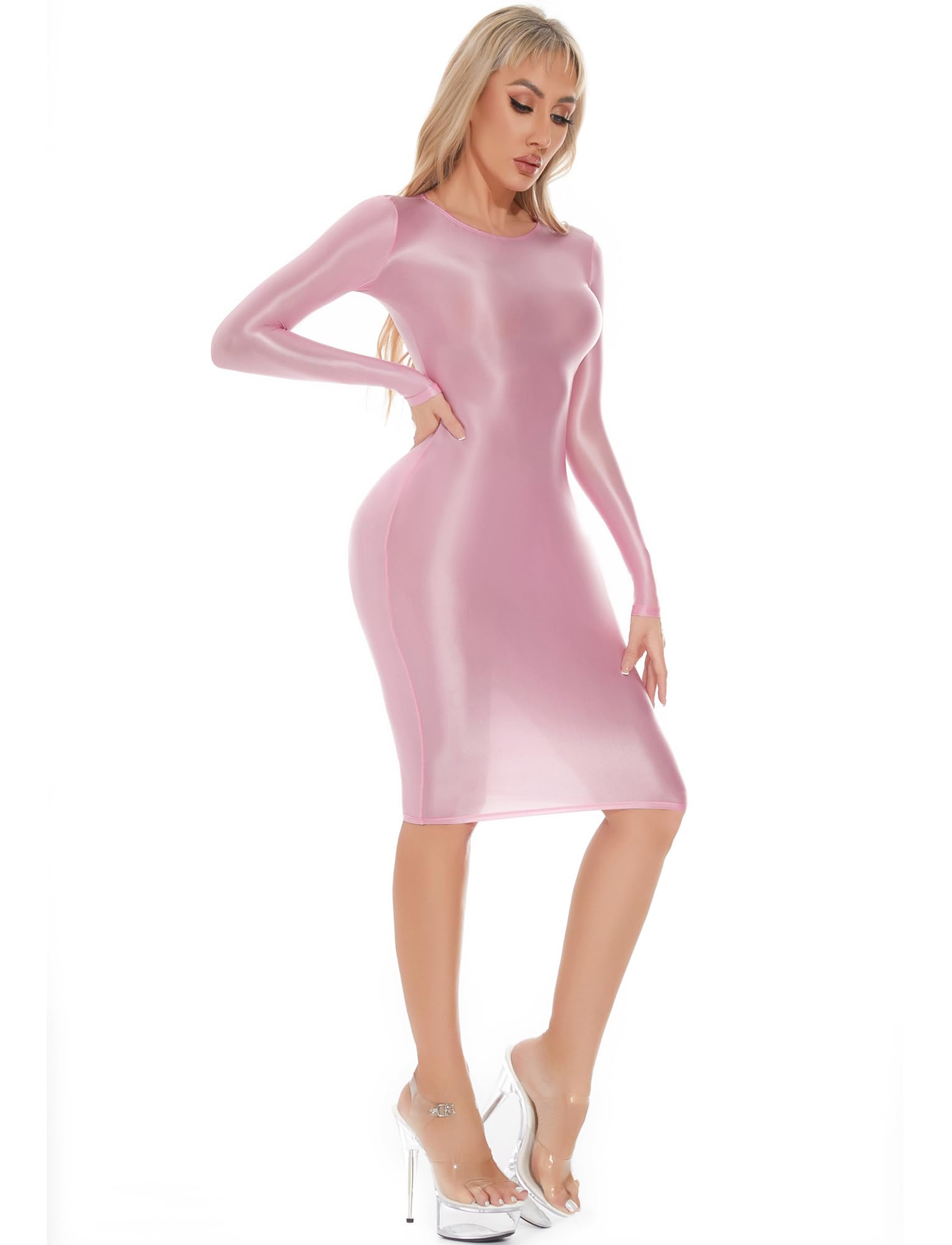 Maeau Robes Femme Brillant Bodycon Robes Sexy Glossy Robe Crayon Manches Longues Robe Taille Moulante Extensible Robe Wrap Huileuse Brillante Robe Club Mi-Longue Robe de Fête Clubwear M XL