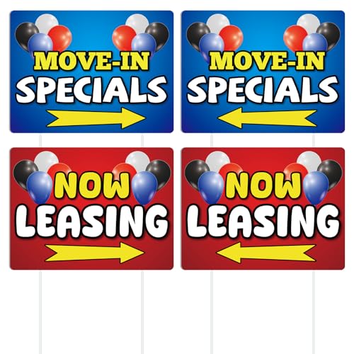 Qunclay 4 Pack Now Leasing & Move in Specials Double-sided Yard Signs 15.75 x 11.81 Inches with 8 Plastic Floor Socket for Outdoor Office Retail Store Restaurant Bar Hotel