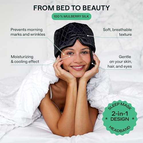 100% Mulberry Silk Sleep Mask for Women & Men - Black Blindfold Eye Cover with Adjustable Straps for Night Time Wrap - Sleep Headband for Washing Face - Blackout Eye Mask - Silk Hair Headband