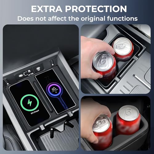 Image of 1st & 2nd Row Cup Holder Insert & Wireless Charging Protective Mat for Hyundai Santa Fe 2026 2025 2024, Center Console Interior Accessories Cup Holder & Wireless Charger Cover Pad, Black