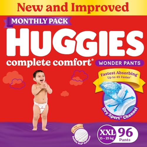 Huggies Complete Comfort Wonder Pants | Pant Style Baby Diapers XXL Size, 96 Count | India’s Fastest Absorbing Diaper, Patented Dry Xpert Channel, Ideal for 15 to 25 Kgs
