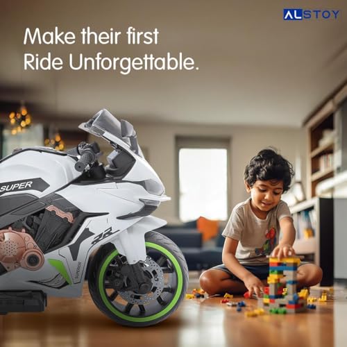 Image of Alstoy RR Kids Electric Ride-On Toy Bike | 12V Rechargeable Battery Operated for Kids | Bluetooth Music | 70kg Capacity | BIS /ISI Approved | Ages 5to12 Years | 6-Month Warranty | Large | Green+White
