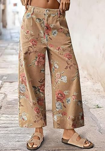 loveimgs Women Mid Rise Cropped Wide Leg Jeans Baggy Floral Ankle Pants Denim Capris Flare Print Boho Palazzo Jeans Boyfriend2