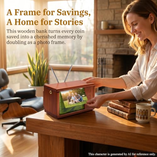Image of Solid Wood Retro TV Model Piggy Bank | Double Currency Box with Photo Frame | Small TV Statue Home Decor | Creative Savings Model | Gift for Children Collectors