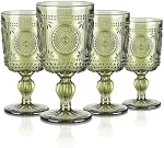 Joeyan 300ml Green Vintage Glass Wine Goblet, Romantic Sunflower Embossed Drinking Glasses, Heavy Stemmed Wine Glasses for Christmas Party Wedding Table Decor, Set of 4, Dishwasher Safe
