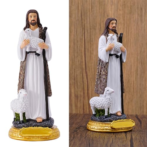 Figurine de bon berger en sculpture religieuse aux détails soignés