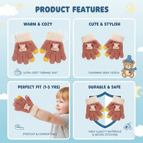 Image of Kraptick Kids Winter Gloves - Ultra-Soft Thick Knit Fuzzy Warm Mittens for Boys & Girls Cute Bear Patch Thermal Hand Warmers for Toddlers & Children -2
