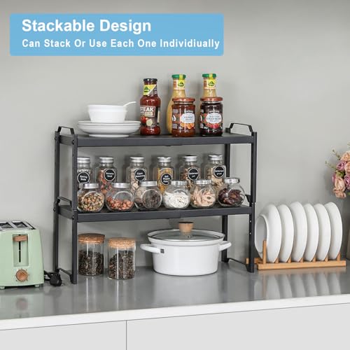 2 Pack Expandable Cabinet Countertop Shelves, Stackable Shelves Organizers For Kitchen Cabinet Countertop Storage, Adjustable Counter Cupboard Pantry Organizer Shelf Rack Stand, Length:20.5" - Image 6