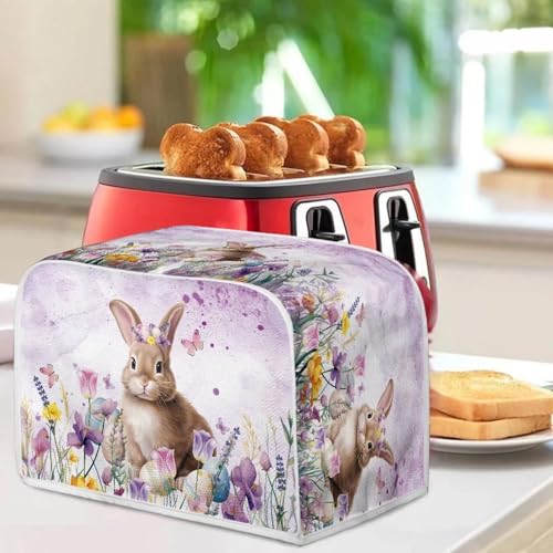 Image of Easter Day 4 Slice Toaster Cover Bread Machine Cover with Top Handle Purple Floral Rabbit Print Kitchen Small Appliance Cover Dust Protection Universal Size