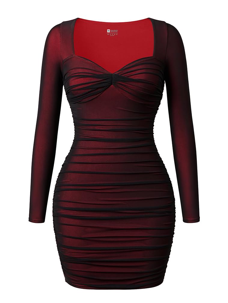 LAGSHIAN Womens Sexy Bodycon Mini Dress Square Neck Long Sleeve Mesh Ruched Party Short Dresses