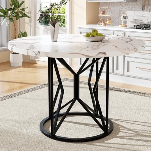 Merax Table à manger ronde de 100 cm pour 4 à 6 personnes - Table de cuisine moderne avec plateau en MDF marbré et pieds en métal noir - Pour salon, salle...