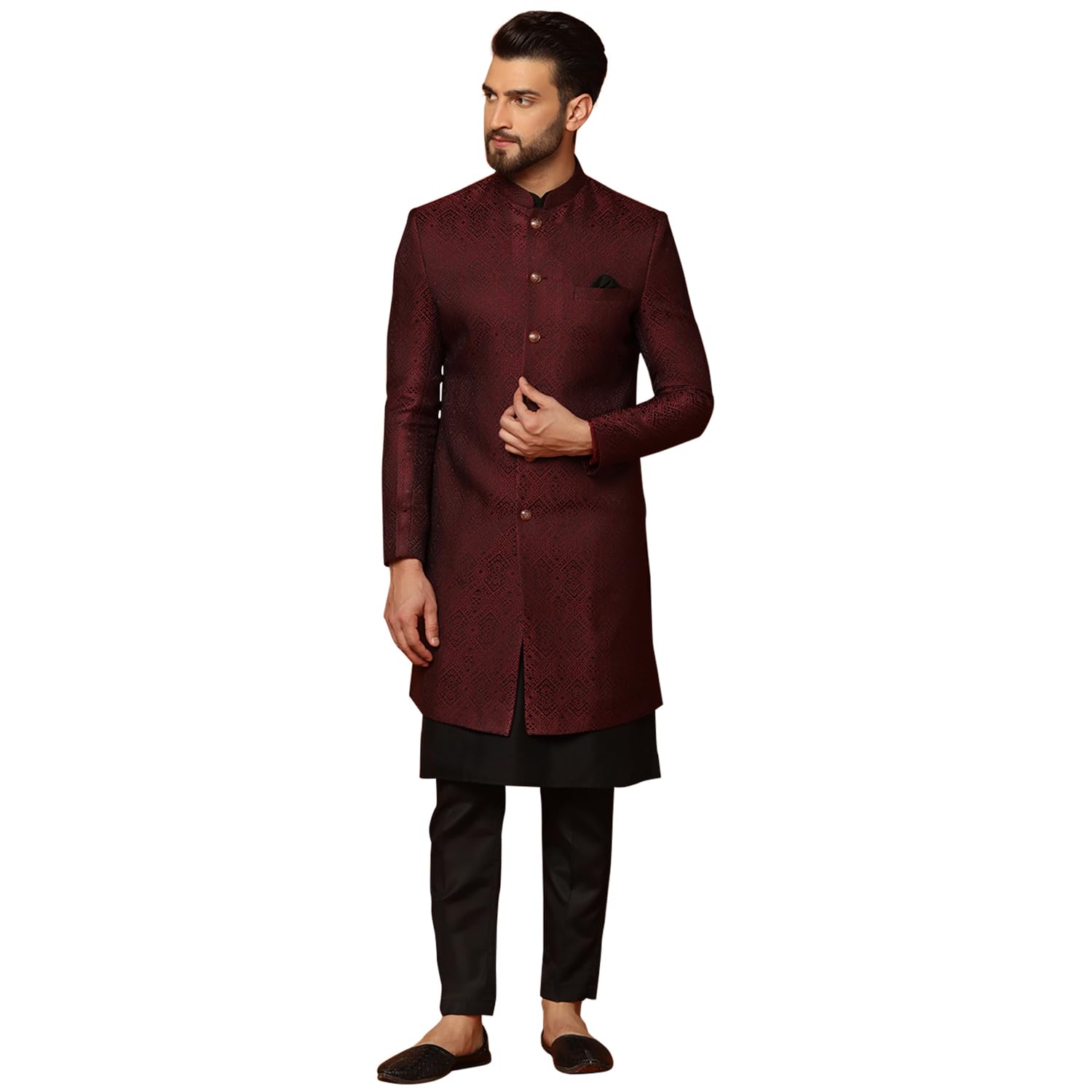 Men's Indo-Western Kurta Sherwani Trousers Set Cotton Silk Full Sleaves, Knee Length, Straight, Regular Fit, Mandarin Collar Ethnic wear-image-33