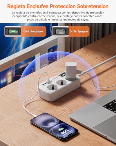 Regletas Enchufes con USB, Protección Sobretensión, 3 Tomas con Interruptor - Image 4