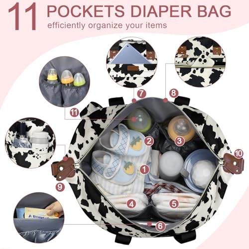 Image of Pritent Diaper Bag Tote - Diaper Baby Bags with Pacifier Case, Shoulder Straps, Stroller Clips, Waterproof Large Mommy Maternity Bag Travel Baby Bag for Mom and Dad, Cowprint, Medium