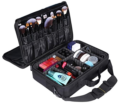 LOUISE MAELYS 3 Layers Makeup Artist Train Case Cosmetic Bag Shoulder Bag for Travel-Removable Dividers Medium Size