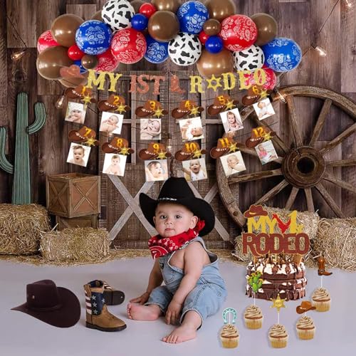 My First Rodeo Birthday Decorations, Hombae Western Cowboy First Birthday Party Themed Decoration, 1st Photo Banner Cake Cupcake Topper Balloon Garland Arch Kit