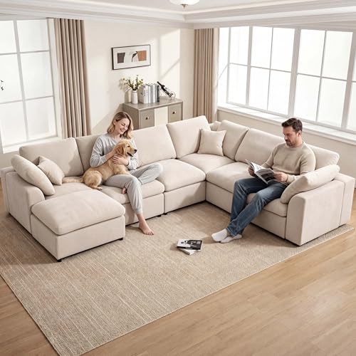 126" V-Shaped Modern Sofa Modular Sectional Cloud Couch with Ottoman, 7-Seater Deep Seat Sofa with Corner Section for Living Room, Bedroom and Apartment, Beige