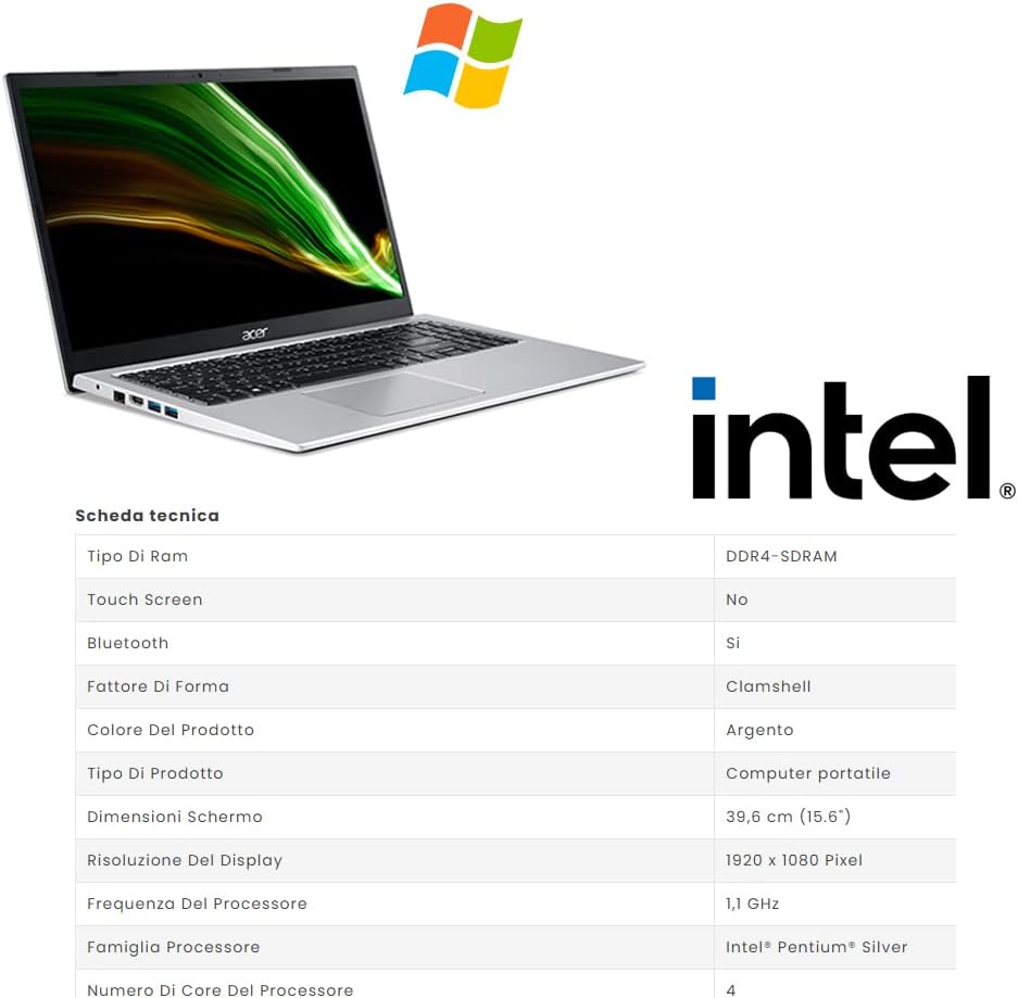 Acer Notebook | Pc portatile intel core N6000 | Ram 16 GB ddr4 | SSHD 1256 GB | Silver | Display 15.6 FHD | BT | WiFi | Windows 11 Pro | Pacchetto Office Pro | Computer portatile Pronto alluso Acer Notebook | Pc portatile intel core N6000 | Ram 16 GB ddr4 | SSHD 1256 GB | Silver | Display 15.6 FHD | BT | WiFi | Windows 11 Pro | Pacchetto Office Pro | Computer portatile Pronto alluso