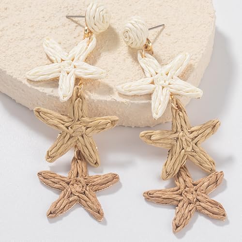 Boho Raffia Earrings Starfish Shell Seashell Dangle Drop Earrings Cute Statemnet Trendy Summer Beach Jewelry for Women3