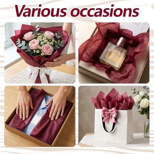 Image of Bobobag 100 Sheets Burgundy Tissue Paper 20 inchX14 inch Tissue Paper for Gift Bags, Gift Wrapping Tissue, Christmas Tissue Paper Anniversary Holiday Decoration Arts Craft