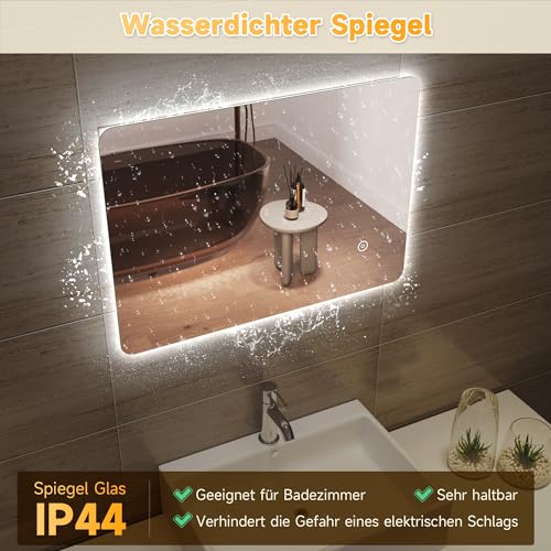 Miniatura 6 de Sonni Espejo De Baño Con Luz Led Con Interruptor Tátil 70x50 Cm Blanco Frío Ip44 Espejo De Pared De Ahorro De Energía