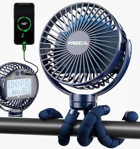 Image of FRIZCOL 12000mAh Portable Stroller Fan, Use As Power Bank, 65H Battery Operated Fan Flexible Tripod Clip On Fans, Detachable Personal Handheld Baby Fans for Stroller, Car seat, Desk, Treadmill (Blue)