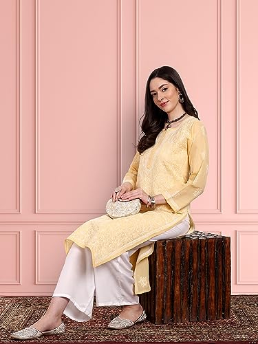 Image of Ada Women's Cotton Straight Fit Straight Hand Embroidered Lucknowi Chikankari Kurta Kurti A411165