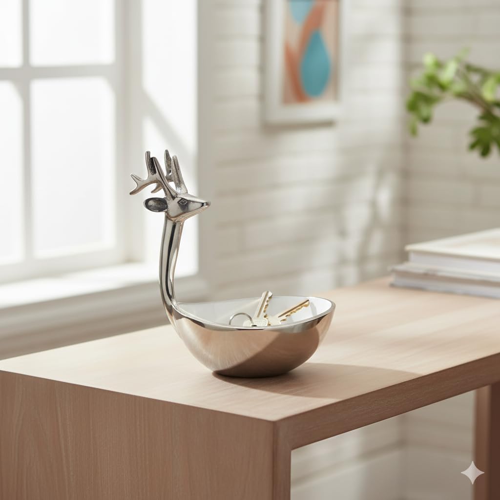 NATRIEL Decorative Aluminum Bowl with Deer Antler Handle, Silver Metallic Finish, 5.90 x 8.26 Inches, Nordic Style Serving Bowl