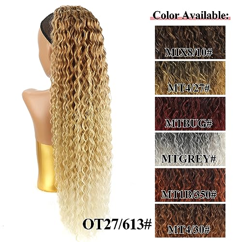 30inch Long Corn Curly Wave Drawstring Ponytail Synthetic High Puff Ponytail Hair Pieces With Comb Clip in Wavy Blond Ponytail Clip in Hair Extensions (T2/613)