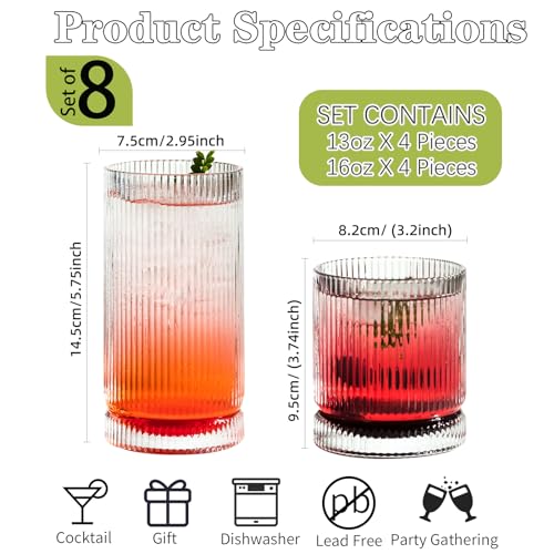 KEMORELA Vintage Ribbed Drinking Glass Set - 8 Pieces (4 Highballs & 4 Whiskey Glasses) for Cocktails and Beverages