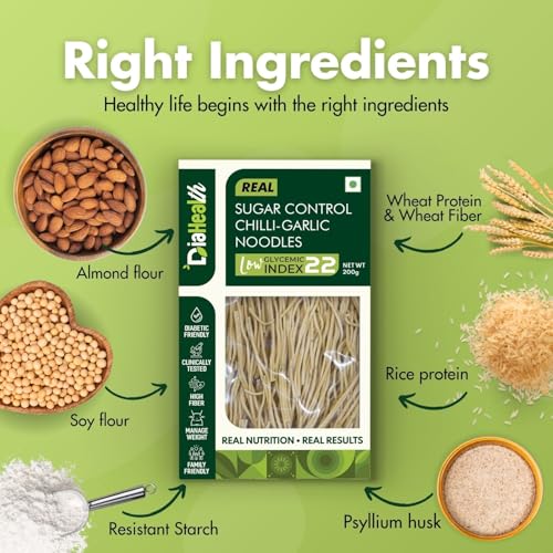 Image of Diahealth Diabetic Care Chilli-Garlic Noodles, 200 Gms, 1 Pack, Low Glycemix Index (22) & High Protein /Serv, Taste Just Like Regular Noodles, Low Carb, Pre-Biotic High Fibre, For Diabetics And Diet