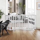 Picture of ZJSF Foldable Freestanding Indoor Dog Gate for House Wood Long Pet Gates Dog Fence for Stairs Puppy Gates for Hallways, Puppy Gate,Support Feet Included, Grey, 32 "Height-4 Panels