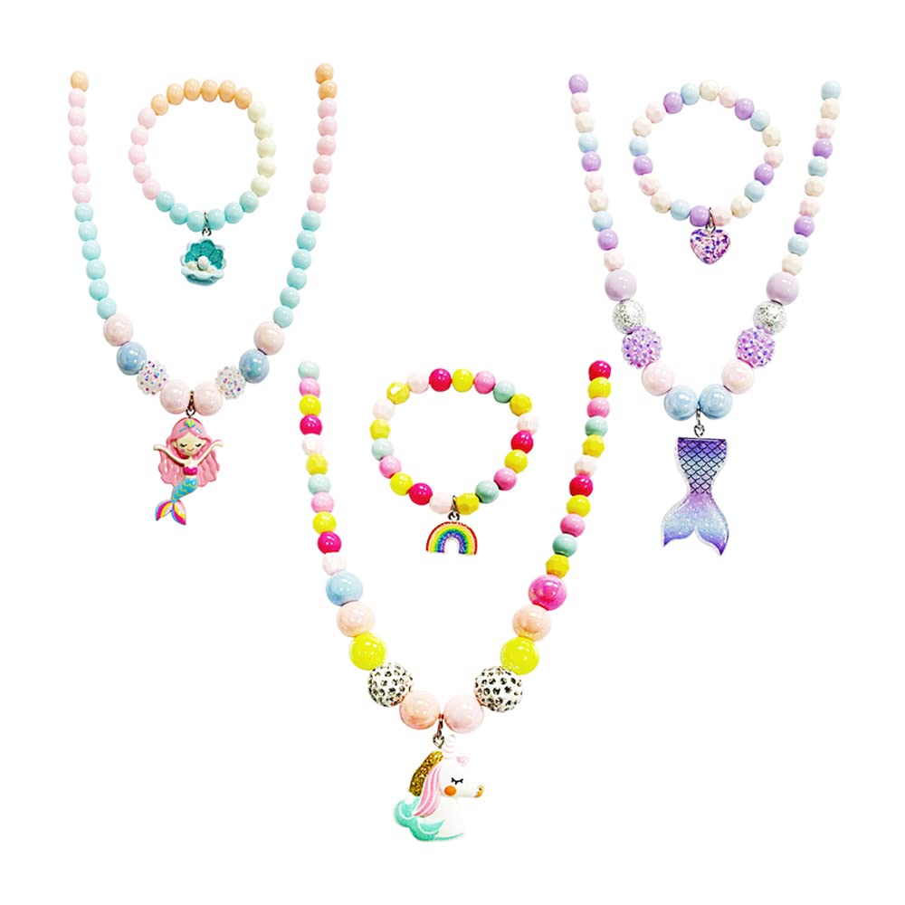 Jury Kids Jewelry Sets Beaded Necklace and Beads Bracelet Jewelry Present Princess Accessories for Girls Princess Dress Up Pretend Play (6 PCS)