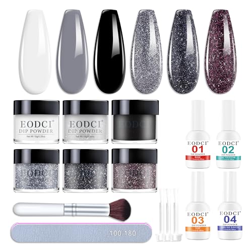 Eodci Dip Powder Nail Kit Starter 6 Colors Glitter Dark Black White Dipping Powder Kit With Base & Top Coat/Activator/Brush Saver Nail Art Manicure Salon DIY for Daily at Home Party Gifts for Women