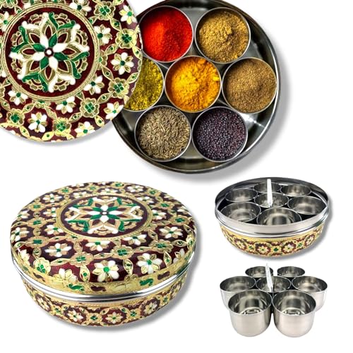 LOVENSPIRE Meenakari Steel Indian Spices Box Designer Small Round Masala Box Spice Organizer Masala Dabba Kitchen Essentials Home Decor Housewarming Gift