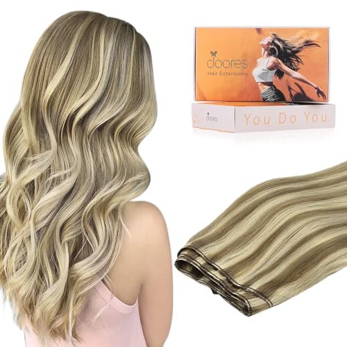 Image of DOORES Hair Extensions Real Human Hair, Light Brown Highlighted Medium Blonde 24 Inch 120g, Remy Weft Full Head Long Straight Sew in