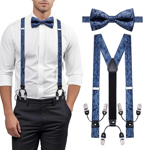 Image of YOHOWA Men Suspenders 6 Clips Strength Adjustable Y Braces Pre-Tied Bow Tie Set Formal Wedding Party