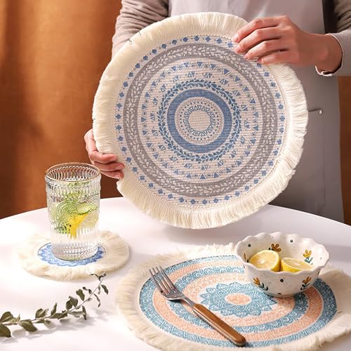 Set de table rond coton tissé absorbant résistant chaleur table salle à manger 34cm - 6