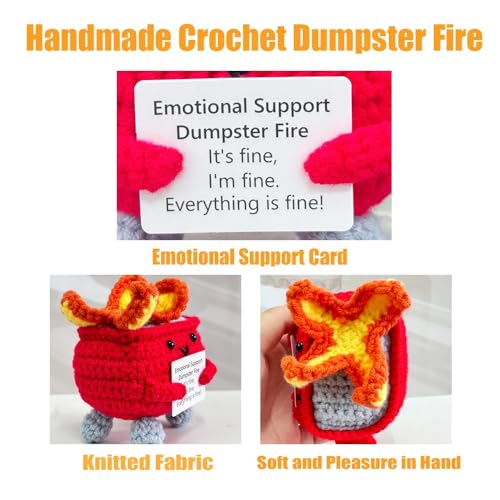 Funny Crochet Support Buddies – Emotional Support Dumpster Fire with Positive Card | Cute Room Decor