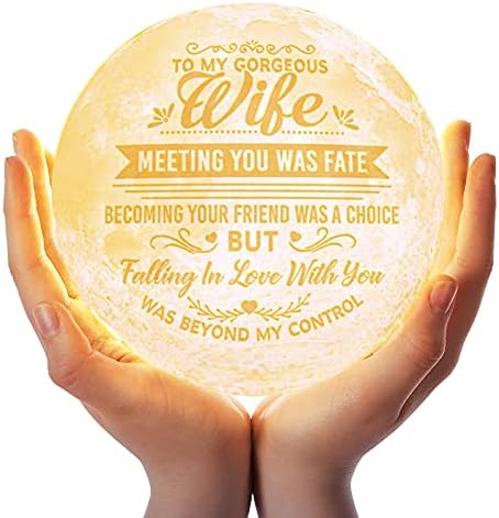 Valentines Day Gifts for Wife - Engraved Moon Lamp Night Light Gifts for Wife-3D Printing Touch Control with Solid Wood Scaffold Anniversary Wedding Gifts for Wife Birthday Christmas Presents for Wife